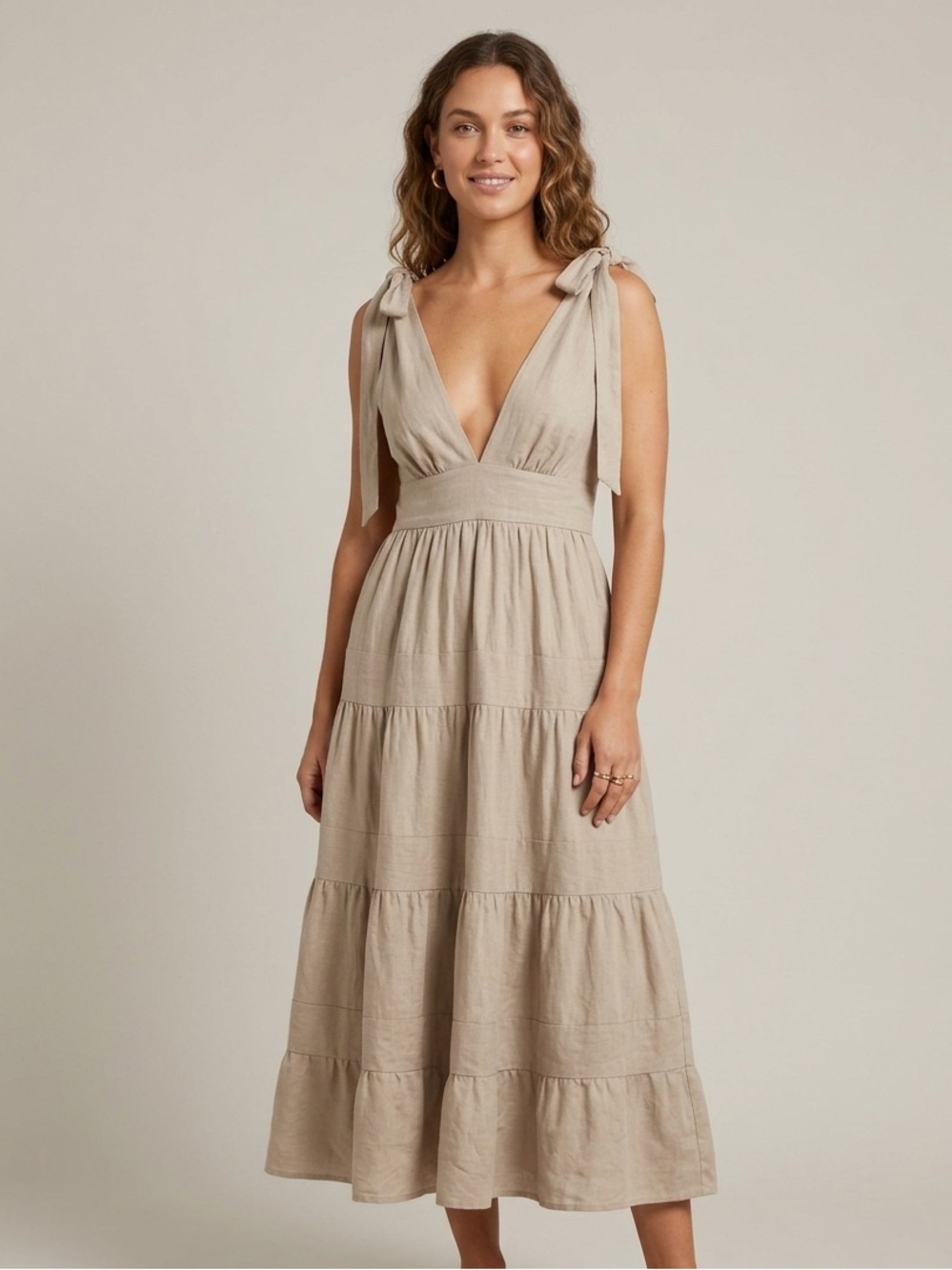 House Of Harlow 1960 Sz XS Linen Blend Tan Tiered Midi Dress